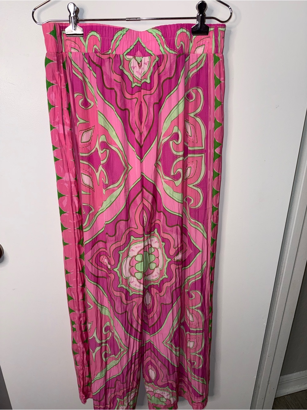 Rose + Olive Pink Green Abstract Print Wide Leg Palazzo Pants Y2K Boho Size M - Picture 3 of 4